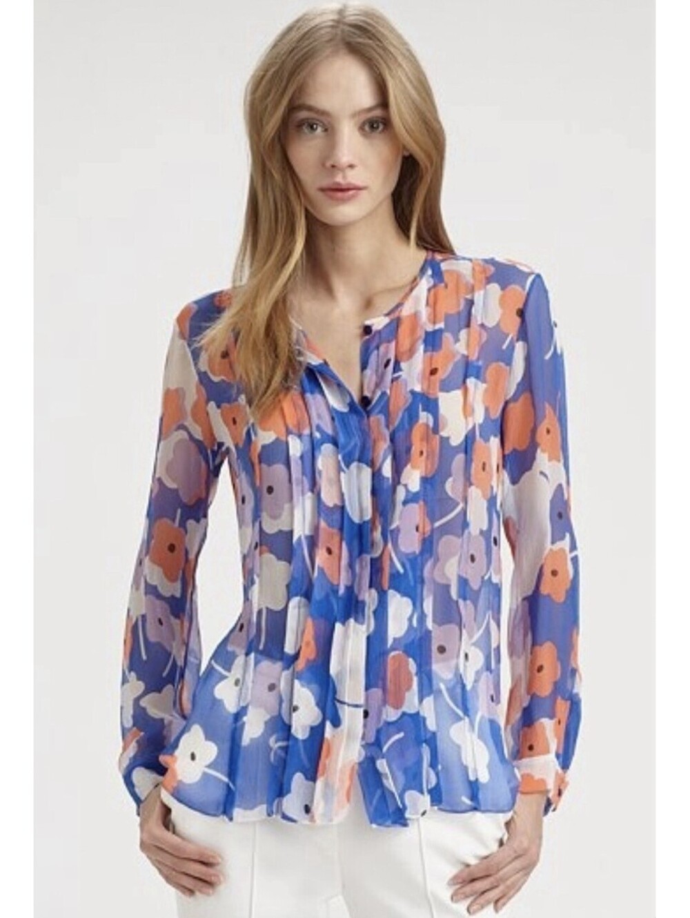 DIANE VON FURSTEBERG Francesca Silk Floral Sheer Pleated Blouse In Blue-Size 6